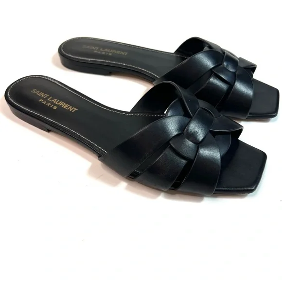 SAINT LAURENT Tribute Woven Leather Sandal Slides Black Size EU 38 - US 8 - Picture 1 of 15